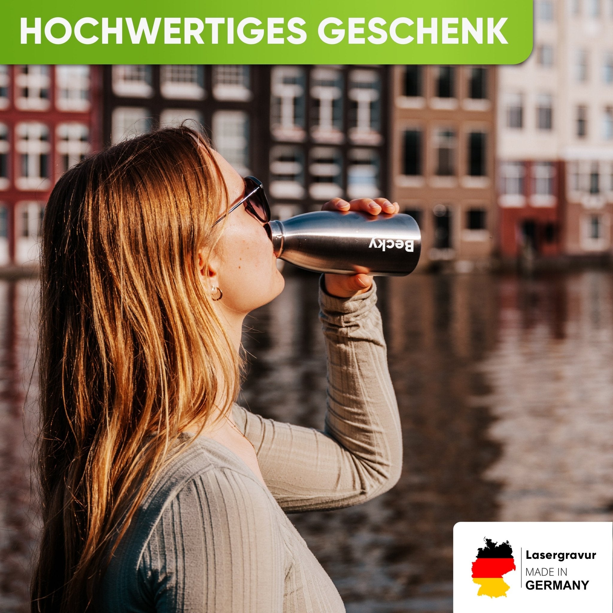 Individual Gravur für die Edelstahl Sport Trinkflasche - Blockhütte - I_SP-TFL_1000